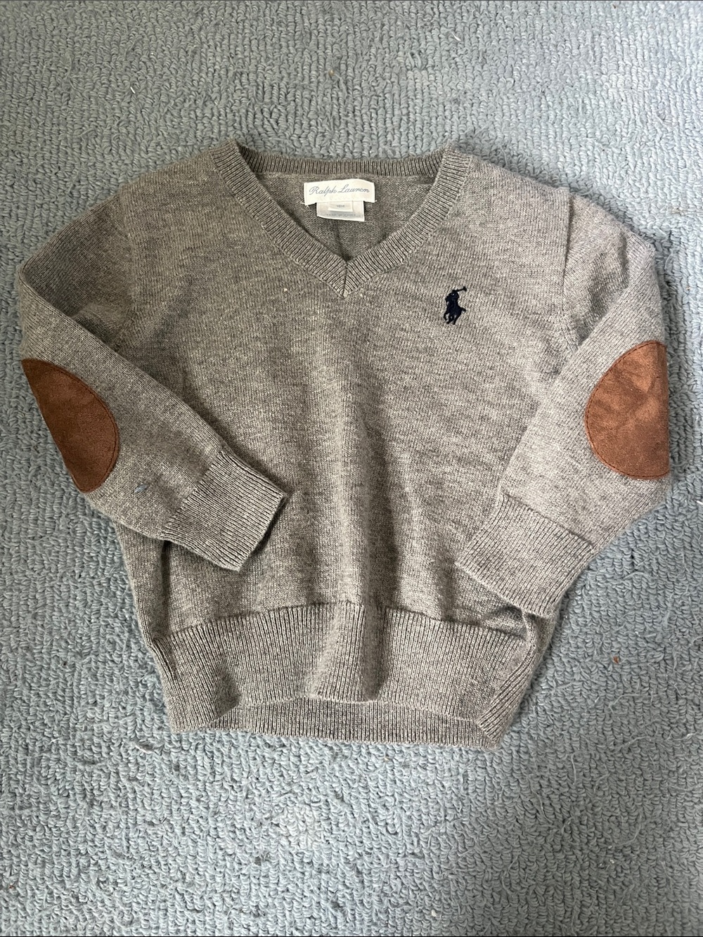 Ralph Lauren Taupe V-Neck Sweater with Tan Elbow Patches